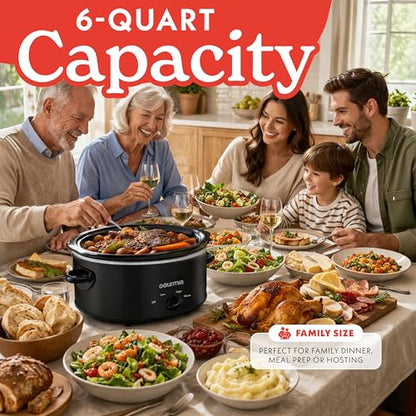 Gourmia Slow Cooker - 6 Quart Removable Ceramic Pot, Manual Controls with 3 Temperature Settings, Dishwasher Safe Crock and Glass Lid, Black