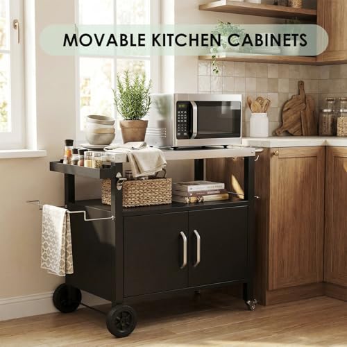 LIFERUN Outdoor Grill Cart with Stainless Steel Top, XL Outdoor Kitchen Island with Storage Cabinet, Prep Station with 2 Lockable Wheels and 4 Hooks for BBQ Food Prep & Outside Dining, 23" x 41"