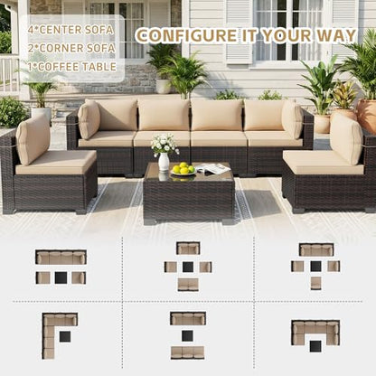 CHABATREE 7pcs Outdoor Patio Furniture Sets,Rattan Conversation Sectional Set,Manual Weaving Wicker Patio Sofa with Tea Table