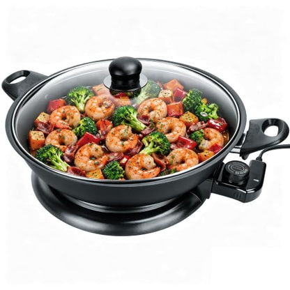 FineMade Electric Wok with Lid, 1400W, Ceramic Coating, Dishwash-safe