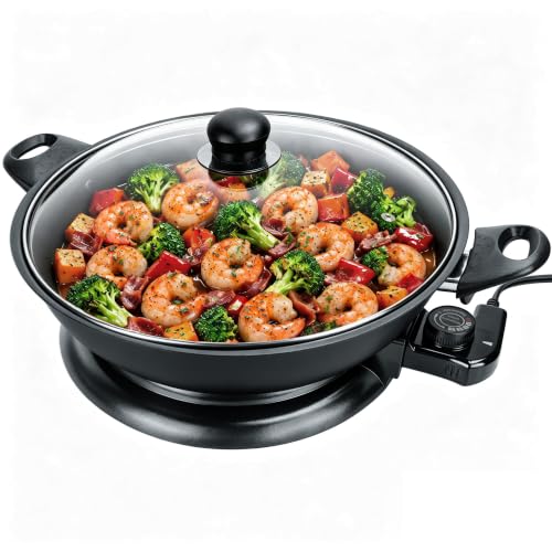 FineMade Electric Wok with Lid, 1400W, Ceramic Coating, Dishwash-safe