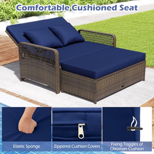 Tangkula Patio Rattan Daybed with 4-Level Adjustable Backrest, Navy