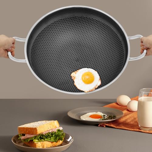 Wtobybt 36cm/14in Stainless Steel Pan with Lid, Double-Handled Frying Pan Hybird Induction Cooking Pans Round Wok for Induction Cookers Electric Ceramic Stoves Electric Stoves