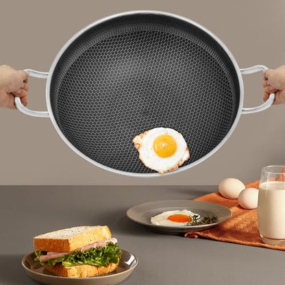 Wtobybt 36cm/14in Stainless Steel Pan with Lid, Double-Handled Frying Pan Hybird Induction Cooking Pans Round Wok for Induction Cookers Electric Ceramic Stoves Electric Stoves