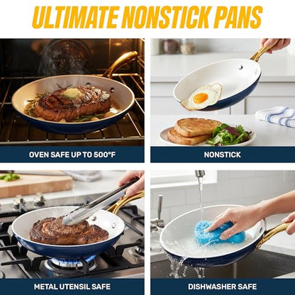 Gotham Steel 15 Pc Ceramic Pots and Pans Set Non Stick, Kitchen Cookware Sets, Pot and Pan Set, Ceramic Cookware Set, Non Toxic Cookware Set, Non Stick Pots and Pan Set, Dishwasher Safe - Navy