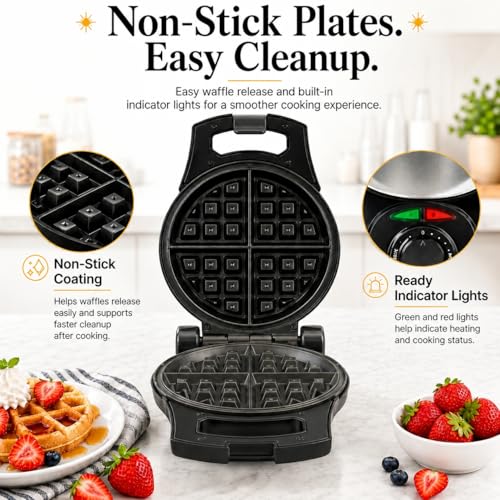 Moss & Stone Belgian Waffle Maker – Rotating Flip Design, 8-Inch Electric Waffle Iron, Non-Stick Grids for Easy Release & Clean, Adjustable Temperature, Compact Upright Storage, Black