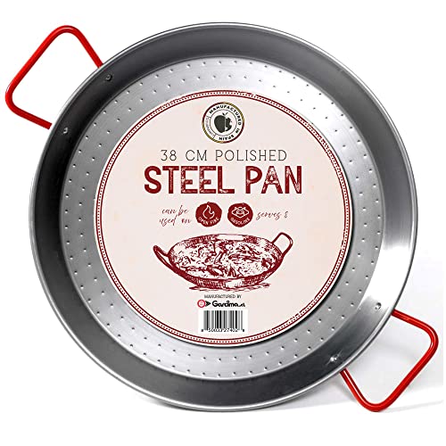 Gourmanity 15 inch Carbon Steel Paella Pan, 38cm Polished Steel Large Skillet From Spain, Great for Paella Parties Indoors, Outdoors, Camping & More, Imported Spanish Paellera, Made by Garcima