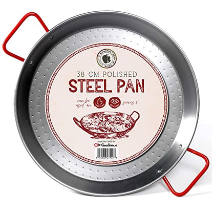 Gourmanity 15 inch Carbon Steel Paella Pan, 38cm Polished Steel Large Skillet From Spain, Great for Paella Parties Indoors, Outdoors, Camping & More, Imported Spanish Paellera, Made by Garcima
