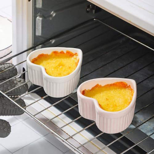 VanEnjoy 4 pack 5oz Heart Shaped Ramekins Ceramic Bowl Bakeware for Souffle Creme Brulee Oven and Dishwasher Safe Baking Dishes Cute White Cookware for Kitchen