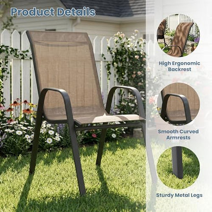 DIFY 7 Piece Outdoor Dining Set, 59.2" Black Rectangle Metal Patio Table and Brown Textilene Stackable Chairs for 6, All Weather Patio Furniture Set with Umbrella Hole for Backyard Garden Deck