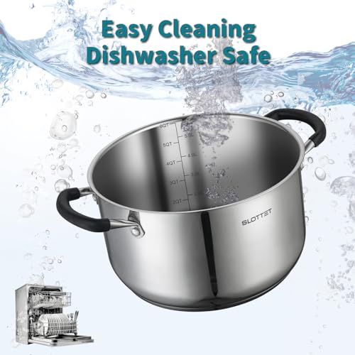 SLOTTET Stainless Steel 8 Quart Stock Pot with Steamer,8 Qt Deep Soup Pot for cooking,Multipurpose Stockpot with silicone Stay-cool Handle.Dishwasher and Oven Safe,Induction Stainless Steel Cookware