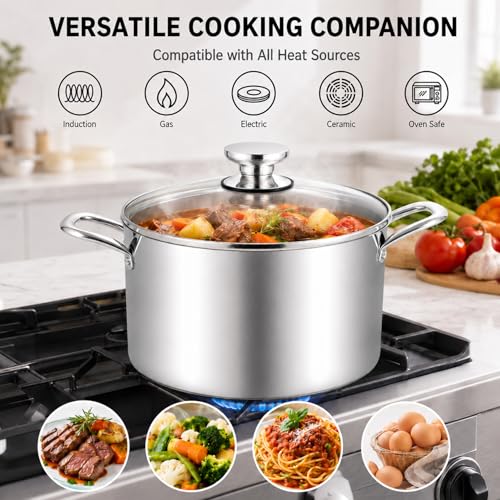TeamFar 8 Quart Stock Pot, Stainless Steel Tri-ply Stockpot Pasta Cooking Pot with Glass Lid, for Induction Electric Gas Ceramic Stoves, Toxic Free & Heavy Duty, Double Handles & Dishwasher Safe