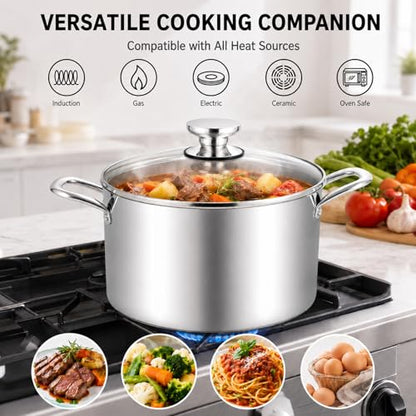 TeamFar 8 Quart Stock Pot, Stainless Steel Tri-ply Stockpot Pasta Cooking Pot with Glass Lid, for Induction Electric Gas Ceramic Stoves, Toxic Free & Heavy Duty, Double Handles & Dishwasher Safe