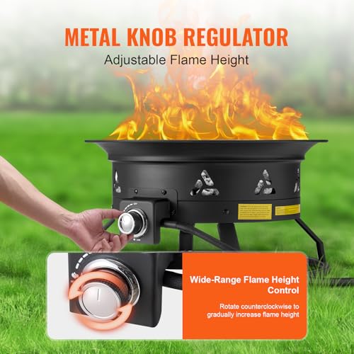VEVOR Portable Propane Fire Pit, 24-Inch Diameter Outdoor Gas Fire Pit with Cover & Lava Rocks, Adjustable Flame Height Camping Firepit for Heating, Lighting, Gathering, 58,000 BTU, Black