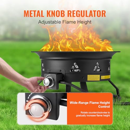 VEVOR Portable Propane Fire Pit, 24-Inch Diameter Outdoor Gas Fire Pit with Cover & Lava Rocks, Adjustable Flame Height Camping Firepit for Heating, Lighting, Gathering, 58,000 BTU, Black