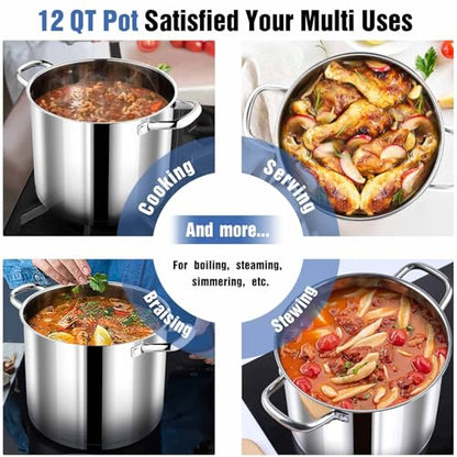 P&P CHEF 12 QT Stock Pot with Lid, Stainless Steel Large Cooking Pot, Soup Canning Stockpot for Stewing Simmering, Tri-ply Bottom for All Stoves, Heavy-Duty &Dishwasher Safe & Food-Grade