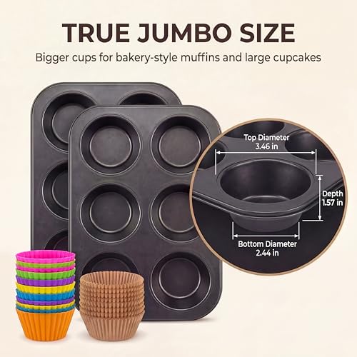 PIGOABZ 2 Pack Jumbo Muffin Pan, 6 Cup Nonstick Texas Muffin Pans with 12 Reusable Silicone Muffin Cups and 100 Paper Liners, Jumbo Cupcake Baking Pans for Large Muffins (X-Large)