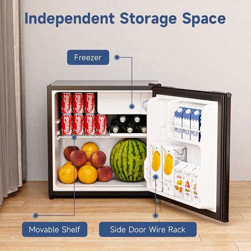 BANGSON 1.7 Cu.Ft Mini Fridge with Freezer for Dorm, Compact Refrigerator Office, Energy Saving Small Fridge Reversible Single Door, Low Noise for Bedroom Small Apartment, Black