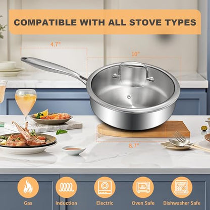EWFEN Tri-Ply Stainless Steel Frying Pan 3QT, 10 Inch Deep Frying Pan with lids, Skillet, Induction Cooking Pan, Dishwasher and Oven Safe, Fast & Even Heat, Heavy Duty and Detachable Handle