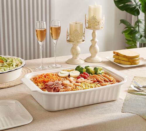 Large Baking Dish with Lid,5.5 Quart Lasagna Pan with Lid, 13.5x9 inch Ceramic Casserole Dish with Lid, Microwave, Dishwasher Safe, White