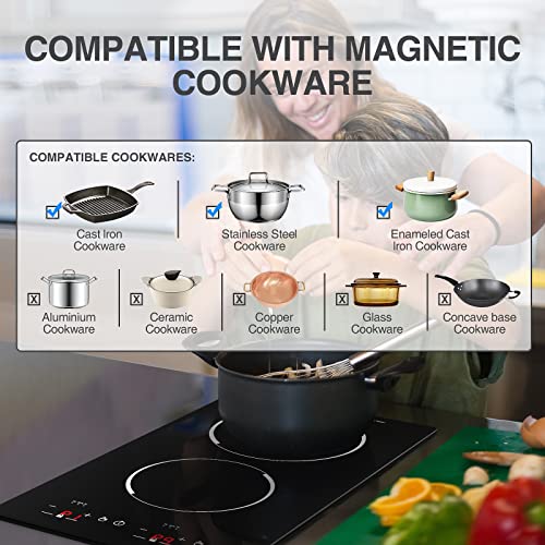 GTKZW 12“ Induction Cooktop, Double Induction Cooktop 2 Burner 110v-120v Electric Stove Top, Countertop and Built-in, 9 Power Levels, Child Lock, 120 Mins Timer