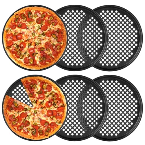 YOUNTHYE 6PCS Pizza Pan with Holes 12 inch Round Pizza Pan Set Nonstick Pizza Baking Pan Carbon Steel Pizza Tray Black Pizza Crisper Pan for Home Baking Kitchen