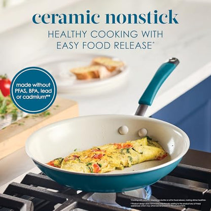Rachael Ray Cucina Ceramic Cookware Set - 13 Pieces - Ceramic Pots and Pans Set w/Nonstick Frying Pans, Saute Pan, Saucepans, Stockpot, Lids, Pan Protectors & Cooking Utensils - Marine Blue