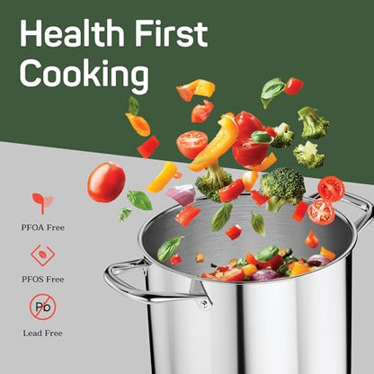 Stainless Steel Stockpot with Tempered Glass Lid 20 Quart, Durable 18/0 Stainless Steel, Impact-Bonded Base for Even Heating, Riveted Handles, Oven & All Stove Compatible, Safe Up To 500°F (260°C)