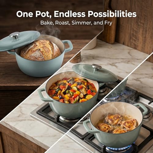 WOKINS 7QT Enamel Cast Iron Dutch Oven with Lid,Dual Handles,Versatile Heavy-Duty Non-toxic Cookware for Sourdough Bread Baking,Braising,Stews,Roasting,Oven Safe up to 500°F green