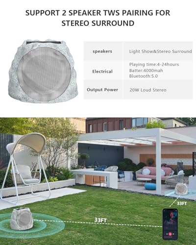 JMJEAN Outdoor Speakers Bluetooth Waterproof Patio TWS Connection Outdoor Bluetooth Speakers Wireless Solar Powered and Rechargeable Rock Speaker for Patio Pool,Backyard (Gray, 2 Pack)