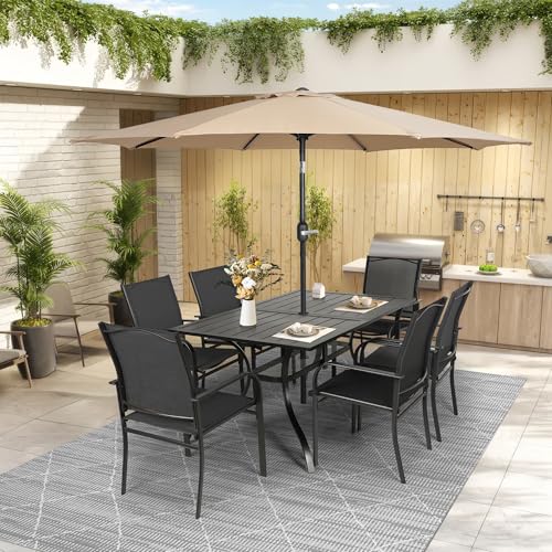 Crownland 7 Piece Patio Dining Set, Textilene Dining Sets, 6 Textilene Metal Chairs and Rectangular Outdoor Dining Table with Khaki 9FT Round Outdoor Umbrella (Black)