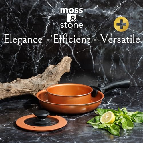 Moss & Stone Copper Pots And Pans Set Nonstick, Removable Handle Cookware, Stackable Pots And Pans Set, Dishwasher safe, Induction Pots And Pans, Camping Cookware Set, Aluminum (7 Pcs)