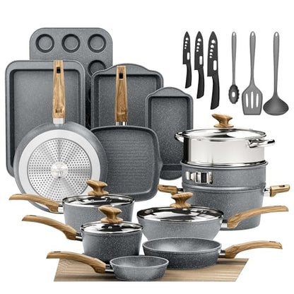 DishDelight Induction Pots and Pans Set Non Stick, 30 Piece Nonstick Kitchen Cookware Sets, Nonstick Granite Cooking Set Induction Pots and Pans, Grey