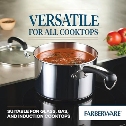 Farberware Brilliance Stainless Steel Saucepan/Saucepot with Glass Lid, 3 Quart, Dishwasher Safe and Induction Ready, Compatible with All Cooktops, Stainless Steel Kitchenware