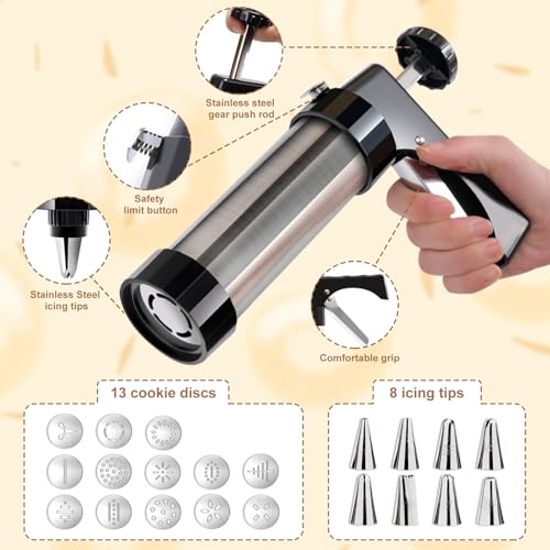 Cookie Press Gun Kit, Stainless Steel Spritz Cookie Press with 13 Discs & 8 Icing Piping Tips, Baking Cookie Maker, Icing Decorating Gun for Cookies Cakes Pastry Dessert Baking Decoration