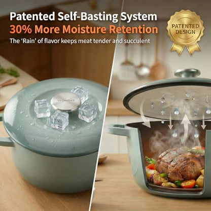 WOKINS 7QT Enamel Cast Iron Dutch Oven with Lid,Dual Handles,Versatile Heavy-Duty Non-toxic Cookware for Sourdough Bread Baking,Braising,Stews,Roasting,Oven Safe up to 500°F green