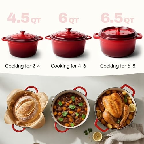 6 Quart Dutch Oven Pot with Lid, Non Stick Enameled Cast Iron Dutch Oven for Bread Baking, Heavy-Duty, Oven Safe Ceramic Cookware Up to 500°F for Baking, Braising, Stews, Roasting, Red