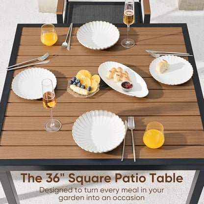 NATURAL EXPRESSIONS HDPS Patio Outdoor Table and Chairs Set for 4, Patio Dining Set with 4 Textilene Chair and 36” Square Fauxwood Patio Table with Umbrella Hole for Garden, Backyard, Deck (Black)