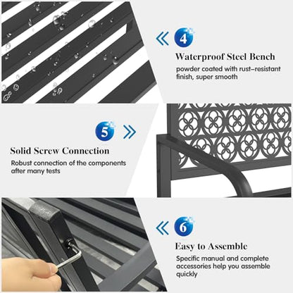 On Shine Outdoor Garden Bench Cast Iron Steel Outdoor Bench Clearance Weatherproof Metal Park Bench for Porch, Yard, Lawn, Deck (Four-Leaf Clover)