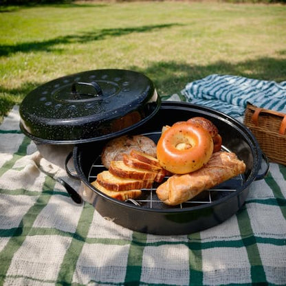 Oval Roasting Pan with Lid and Rack 18" Large Roaster Pan Set Comes With Lron Rack Enamel Cook Ware Dishwasher Compatibility Granite Oven Roaster