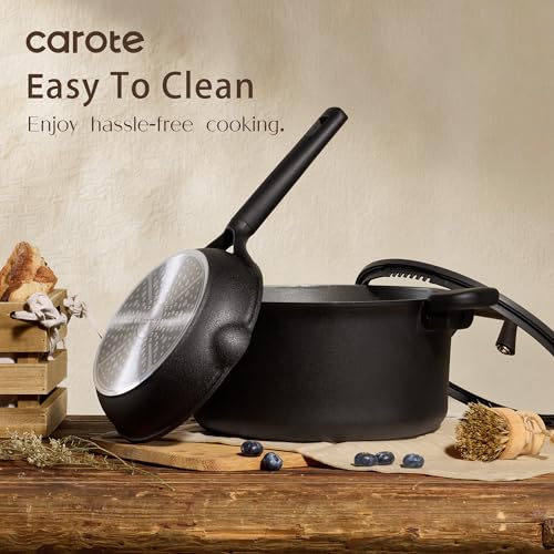 CAROTE 28PCS Pots and Pans Set, Nonstick Cookware Set Kitchen Non Stick Induction Titanium Cookware Non-toxic Granite Cooking set, PFOA Free, Black