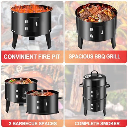 RYHOFOUD T001-2 19-inch BBQ Charcoal Smoker, Heavy Duty Round Smoking-Vertical Multi-Layer Pellet Smoker for Meats-Offset Charcoal Grill with Thermometer, Black