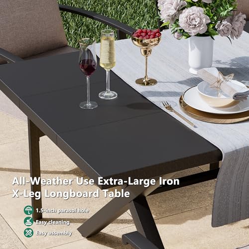 Kullavik 9 Pieces Outdoor Dining Set,Patio Dining Table and Chairs Set for 8,Fence Pattern Back Chairs with Thickened Cushions & Rectangular Metal Dining Table with Umbrella Hole for Patio,Sand