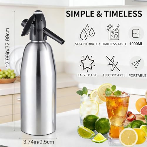 Soda Siphon,1L Carbonated Soda Maker Sparkling Water Machine, Portable Soda Maker for Home & Outdoor, Aluminium Soda Water Machine for Cocktails DIY Drinks,Use 8 gram CO2 Cartridges (Not Included)