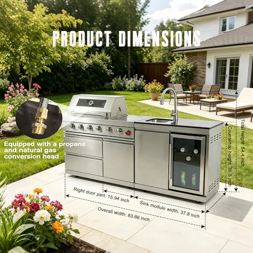 84-Inch Deluxe Stainless Steel Outdoor Kitchen Barbecue Island Grill, 5-Burner 75300 BTU, SS304 Material with Sink, Wine Cooler, Refrigerator, Granite Countertops & Rotisserie Kit, Silver (Silver)