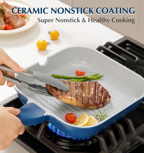 KOCH SYSTEME CS 9.5 Inch Nonstick Grill Pan for Stove Tops, Square Frying Pan with Pour Spouts, Square Pan for Indoor Cooking, Grill Skillet with Bakelite Handle, PTFE & PFOA Free, Blue