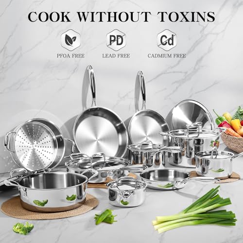 EWFEN Stainless Steel Cookware Set, 3 Ply 17 Piece Stainless Steel Pot and Pan Set, Oven Dishwasher Safe | Induction Compatible Frying Pans, Saucepans, Saute Pan & Stock Pot, PFOA, PTFE & PFOS Free