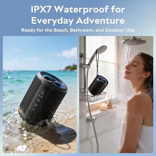 DUDGSIS Portable Bluetooth Speaker, IPX7 Waterproof Wireless Speaker with 20W Loud Stereo Sound, 15H Playtime & Beat-Synced RGB Light, Small Outdoor Speaker for Shower, Pool, Beach, Hiking and Gifts