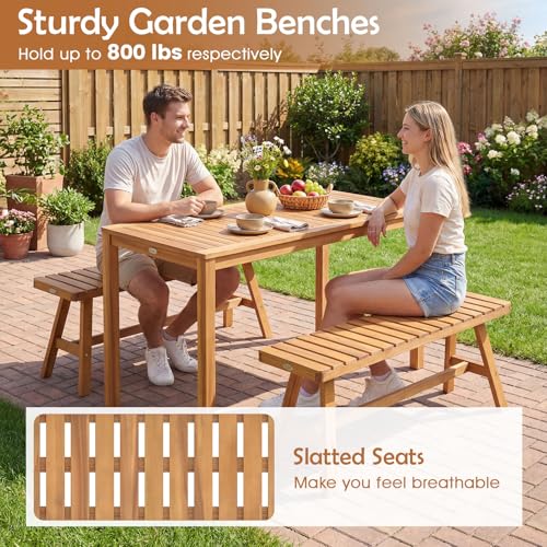 Tangkula 3 Pieces Acacia Wood Patio Dining Set, Outdoor Rectangular Table and Benches with Slatted Seats, Space-Saving Outside Furniture Set for Deck, Lawn, Garden and Backyard