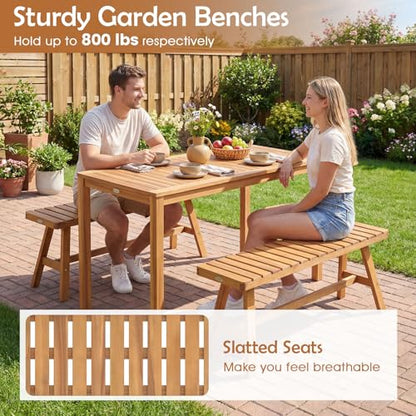 Tangkula 3 Pieces Acacia Wood Patio Dining Set, Outdoor Rectangular Table and Benches with Slatted Seats, Space-Saving Outside Furniture Set for Deck, Lawn, Garden and Backyard